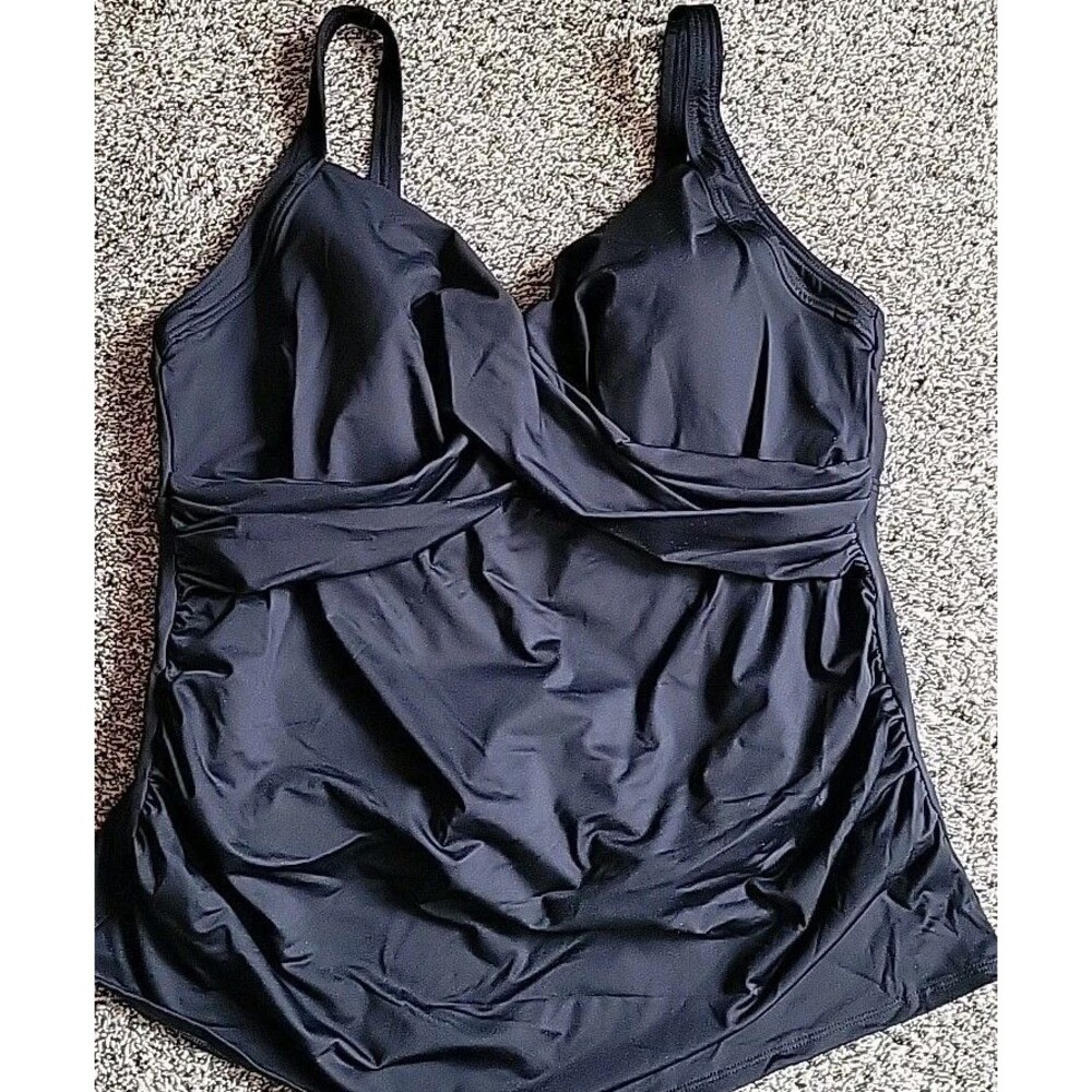 Lands' End Swim Top Black 18W DD Wrap Front Tankini 1X Solid Tummy Control S925